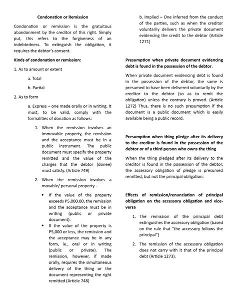 Translate condonation or remission of de in Tagalog .